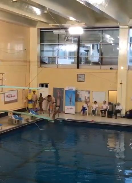 Plongeur au départ du tremplin de 1 m devant le jury de la piscine Pierre Brossolette à Saint-Maur-des-Fossés